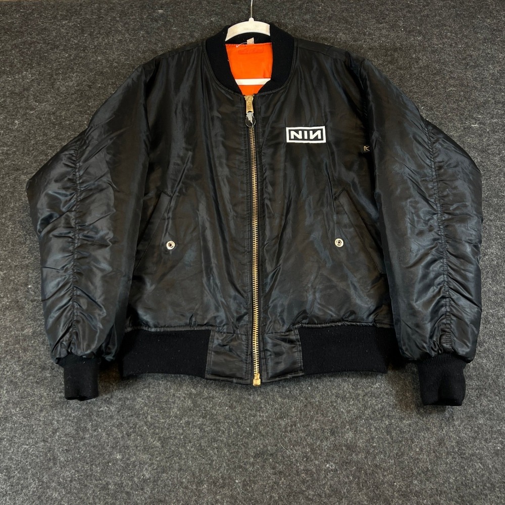 VTG Nine Inch Nails NIN Bomber Jacket Large Black Orange Pretty Hate Machine 90s